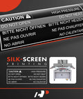 Close-up of black hood lift support replacement with multilingual caution text and silk-screen printing, part of the Hood Lift Supports Replacement Kit For Dodge Ram 1500 2500 3500 5500 2002 To 2010 2 Piece Set Easy Install Black Painted Body Anti Rust Durable OE Style Shocks.