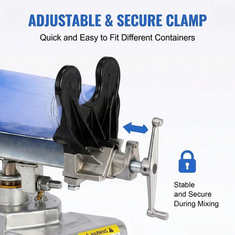 Air Driven Paint Can Mixer For 1 To 5 L Round And Square Buckets, pneumatic shaker clamp shown with adjustable secure bucket holder