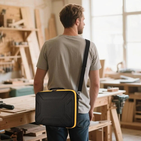 Man carrying DeWalt 20V Max XR Jigsaw Case With Rugged Interior Tray for DCS334B DCS335B in workshop