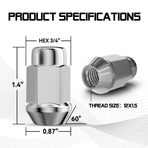 Chrome Bulge Acorn Lug Nuts Set M12x1.5 Thread 60 Degree Conical Seat 3/4 Inch Hex 1.4 Inch Long 20-Piece Wheel Lug Nut Kit with specs