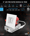 Twelve Pack Four Inch Square LED Recessed Lights Built Tough With J Box Adjustable CCT 2700K To 5000K Two Hour Fire Rated IC Wet Ready No Hassle Dimmable Smooth Trim with white trim and red housing.