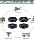 Beefed Up Heavy Duty 13 Inch Flat Free Wheel Replacement Set for wheelbarrows, garden carts, and trolleys shown with compatibility.