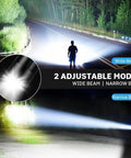Rechargeable LED Flashlight 990000 Lumen Beast Mode Brightness with 6 Modes showing wide and narrow beam on road