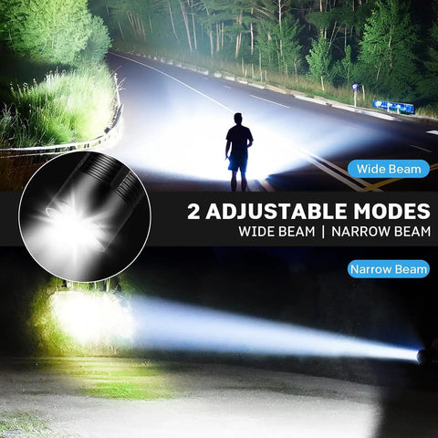 Rechargeable LED Flashlight 990000 Lumen Beast Mode Brightness with 6 Modes showing wide and narrow beam on road