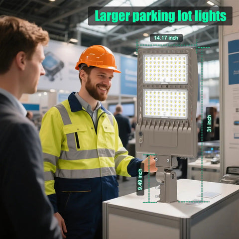 Man observing Beefy 400W LED Parking Lot Light With 60,000 Lumens IP65 DLC UL Listed Stadium Flood Beam on display stand.