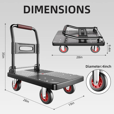 Dimensions of Foldable Push Cart Dolly With 560 Lb Capacity, Heavy Duty Moving Platform Hand Truck, 4 Inch TPR Wheels