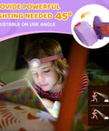 Child reading with Rechargeable Kids LED Headlamp With Lit RGB Color Cycle Adjustable Headband Three Light Modes