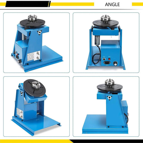 Rock Solid Rotary Welding Positioner Table With 65 Mm Chuck And Zero To Ninety Degree Tilt for seamless pipe flange welding, blue, four angled views.