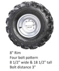 Close-up of 8-inch rim and tire for 1 Inch Steel Live Axle Kit For Go Karts And ATVs, showing four-bolt pattern and size details.