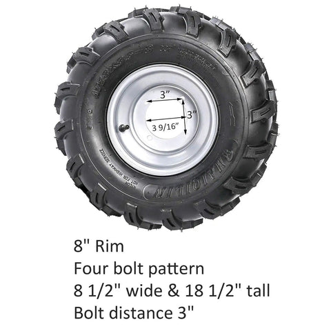Close-up of 8-inch rim and tire for 1 Inch Steel Live Axle Kit For Go Karts And ATVs, showing four-bolt pattern and size details.