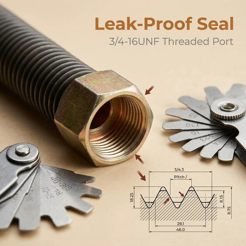 12mm Copper-Coated Exhaust Tube for Air Compressors, 3/4 inch line kit, leak-proof seal, 3/4-16UNF threaded port close-up