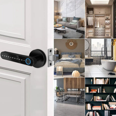 4 In 1 Smart Door Lock With Fingerprint, Bluetooth App Control, Keypad Code And Physical Key on white door in modern home