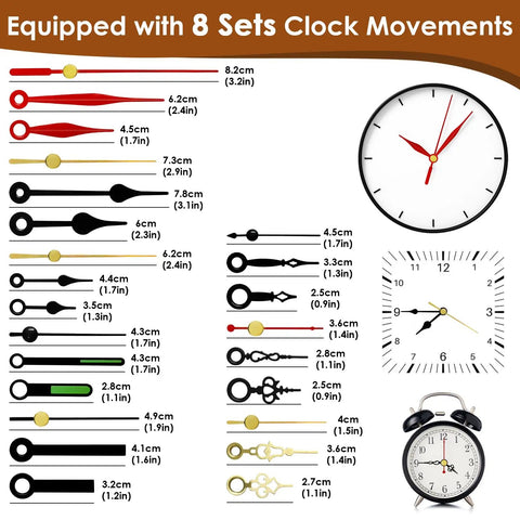Three Shaft Size Quartz Clock Movement Kit With Eight Pairs Of Short Hands displayed with clock faces and hand measurements