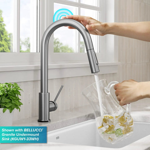 Touch Kitchen Faucet With Pull Down Sprayer In Spot Free Stainless Steel, demonstrating TapFlow Touch Technology in use.