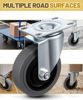 Heavy Duty Four Inch Swivel Caster Wheels Set Of Four With Sturdy Top Plate And High Traction Tpr Rubber Tires on multiple surfaces.