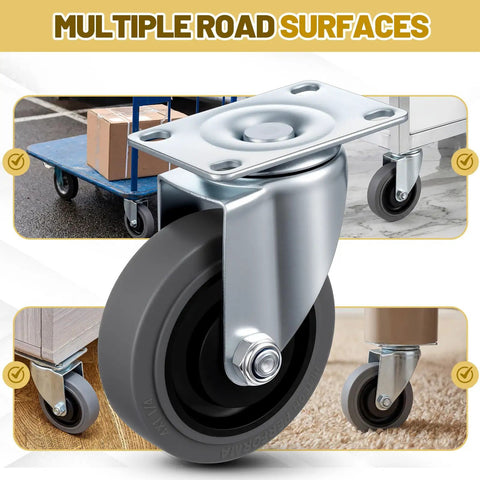 Heavy Duty Four Inch Swivel Caster Wheels Set Of Four With Sturdy Top Plate And High Traction Tpr Rubber Tires on multiple surfaces.