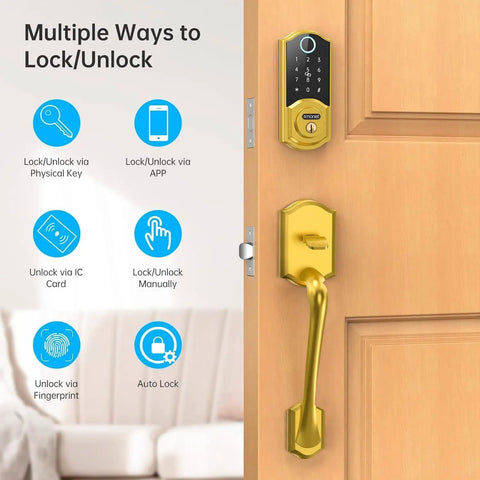 Smooth Operator Smart Lock For Front Doors With Integrated Handle Featuring Quick Fingerprint Unlock Smartphone App Bluetooth Control Alexa Compatibility And Classic Gold Finish For Tight Security And Dead Simple Install