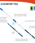 EZ Extend Pro telescopic pole extending from 2.6 to 5.3 ft with Lock-On system and non-slip grip, shown in blue and silver.