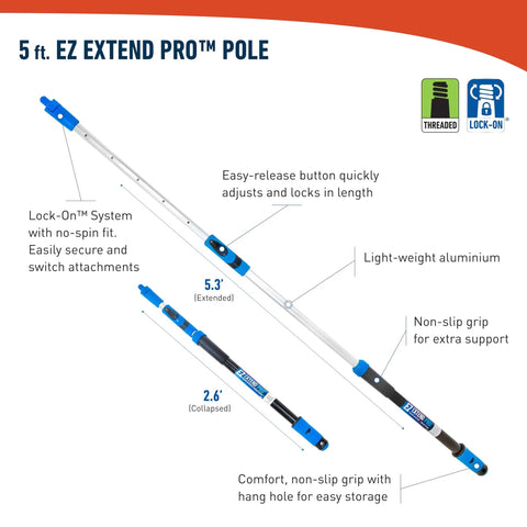 EZ Extend Pro telescopic pole extending from 2.6 to 5.3 ft with Lock-On system and non-slip grip, shown in blue and silver.