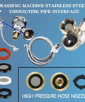 Washing machine stainless steel connecting pipe interface with high pressure hose nozzle and rubber washers
