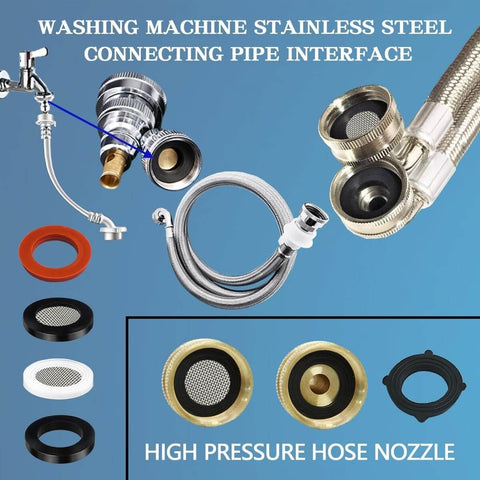 Washing machine stainless steel connecting pipe interface with high pressure hose nozzle and rubber washers