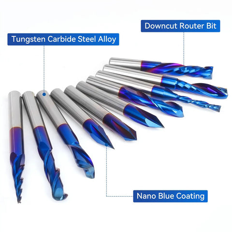 10 Piece CNC Router Bit Set One Quarter Inch Shank Pro Grade Carbide Bits For Woodworking Detailing Carving Trimming Engraving