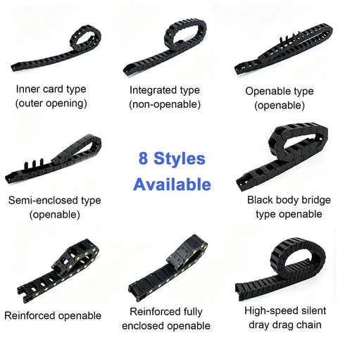 Hella Tough Openable Nylon Cable Drag Chain Slick Flexible Wire Management Carrier For 3D Printers And Cnc Routers, showing 8 styles available including openable and integrated designs.