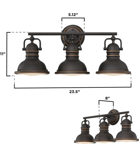 Vintage Style Three-Light Indoor Vanity Light Fixture In Oil Rubbed Bronze With Highlights And Frosted Prismatic Acrylic Lens
