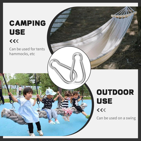 Image of Galvanized Steel Spring Snap Hook Carabiner Clips With 220 Lbs Capacity for camping hammocks and outdoor swing setup.