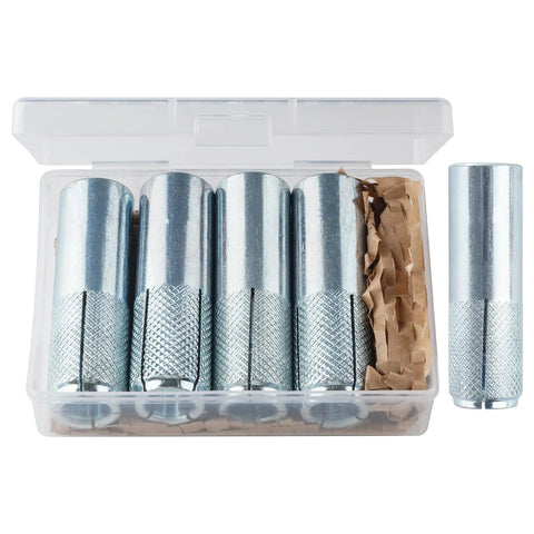 Ten-Piece Drop-In Anchors 5/8-11 Zinc-Plated For Concrete shown in plastic box