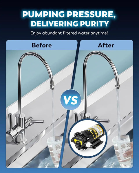 Before and after comparison of water flow using 200GPD Booster Pump For RO System Complete Kit With Quick Connect Design.