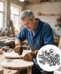 Woodworker using 20 Piece Dowel And Tenon Center Pins Set For Woodworking Transfer Dowel Centering Plugs in workshop, close-up inset of pins.
