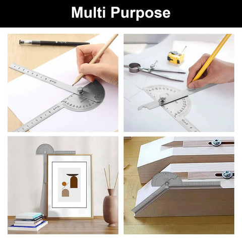 Heavy Duty Stainless Steel Angle Finder Protractor 180 Degree Dual Arm Ruler With Laser Etched Markings Built Tough in use for precise measurements.