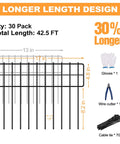 No Dig Garden Fence Barrier Set, 30 Panels Spanning 42.5 Feet, 13 Inch High Rustproof Metal Border with gloves, wire cutter, ties