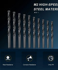 Rock Solid M2 High Speed Steel Drill Bit Set 10 Pack Sizes 1mm to 10mm With 135 Degree Split Point Black Oxide Finish For Tough Metal And Wood Projects, M2 HSS drill bits