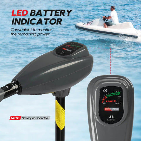 Kickass Eight Speed Electric Trolling Motor With Quick Release Handle And Sharpy Led Gauge Transom Mount For Kayak Fishing Boat Lazy Cruise Mode Grey 36 Pound Thrust Bad Boy Setup, LED battery indicator close-up.