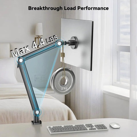 Magnetic Portable Monitor Arm With 360 Degree Swivel Heavy Duty Aluminum Desk Clamp 75 By 75 VESA Support in a home office setup.