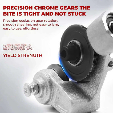 Close-up of Drill Nibbler Attachment for Sheet Metal Cutting with precision chrome gears and yield strength details.