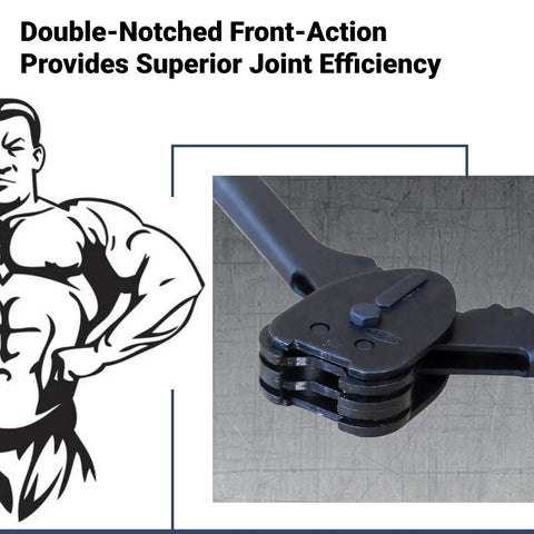 Front Action Double Notched Sealer Crimper For 3/8 Inch Steel Strapping, Long-Handle Manual Tool Built Tough For Vertical Or Horizontal Use, Heat Treated Steel Parts, Pro Grade Durability, close-up of steel strap sealer