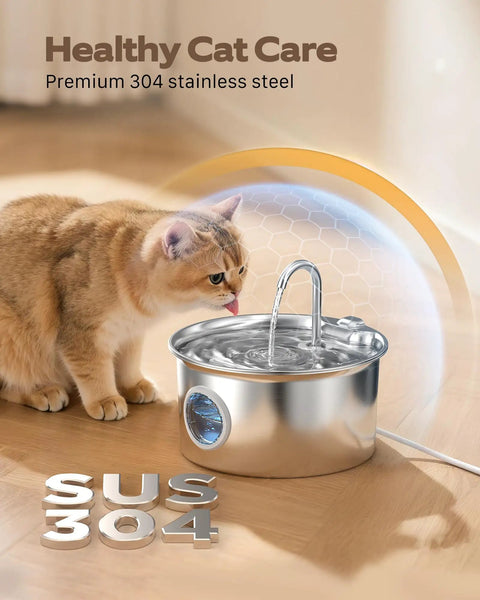 Stainless Steel Cat Water Fountain 88oz 2.6L Quiet Indoor Pet Water Dispenser for Cats and Small Animals shown with cat drinking.