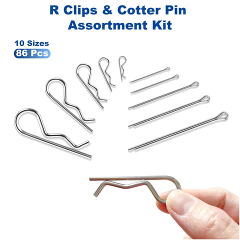 LBYNKY 86‑pc stainless cotter pin assortment kit with 10 sizes; includes R-clips and hitch pins, front view.