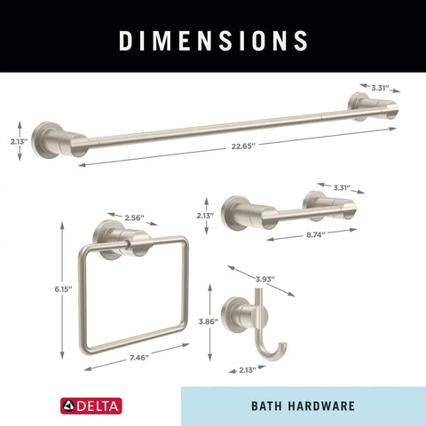 Dimensions of Slick SpotShield Brushed Nickel 4 Piece Bathroom Hardware Set with towel bar, ring, TP holder, wall hook