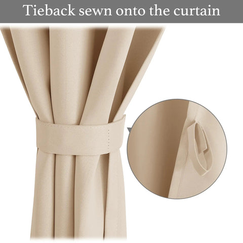 Close-up of Biscotti Beige Sidelight Blackout Curtains For Doors Farmhouse Self Stick Window Blinds with sewn tieback detail.