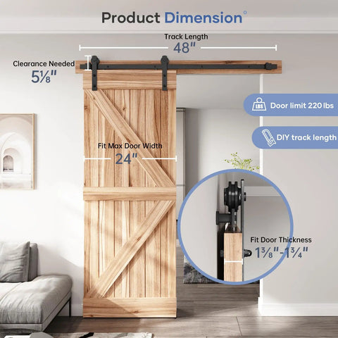 4 Ft Sliding Barn Door Hardware Track Kit For 24 Inch Wide Single Door shown installed on wooden door with black steel rollers.