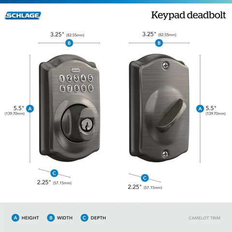Camelot Electronic Keypad Deadbolt Lock With Keyless Front Door Entry In Antique Pewter Finish, Mechanical Key Backup Included, Easy Setup With Up To 19 Access Codes, Includes Two Pre Programmed Codes Out Of The Box, Grade 2 Security in front and side views