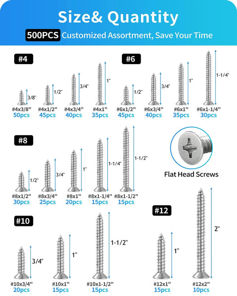 Image showing size chart for Hardcore 304 Stainless Steel Screw Assortment Kit With Phillips Flat Head Self Tapping sizes from 3/8 to 2 inches.
