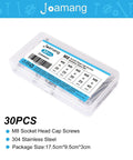 Hex Socket Head Cap Screws Set M8 X 20mm 25mm 30mm 35mm 40mm Stainless Steel 304 Fully Threaded with Allen Drive Bright Finish Assortment Kit 30 Pieces for DIY Projects in plastic case