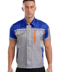 Mens Short Sleeve Mechanic Work Jacket With Reflective Safety Stripes And Heavy Duty Zipper Durable Contrast Utility Shirt Built Different And Kick Ass For The Daily Hustle, worn by model.