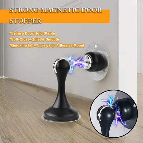 Magnetic Door Stop Six Pack No Drill Stainless Steel Door Stopper With 3M Double Sided Adhesive Tape installed on door