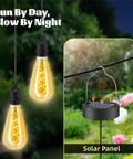 Two Pack Hanging Solar Lights With Glass Edison Bulbs Solar Powered Lanterns Outdoor Waterproof LED Garden Decor solar panel